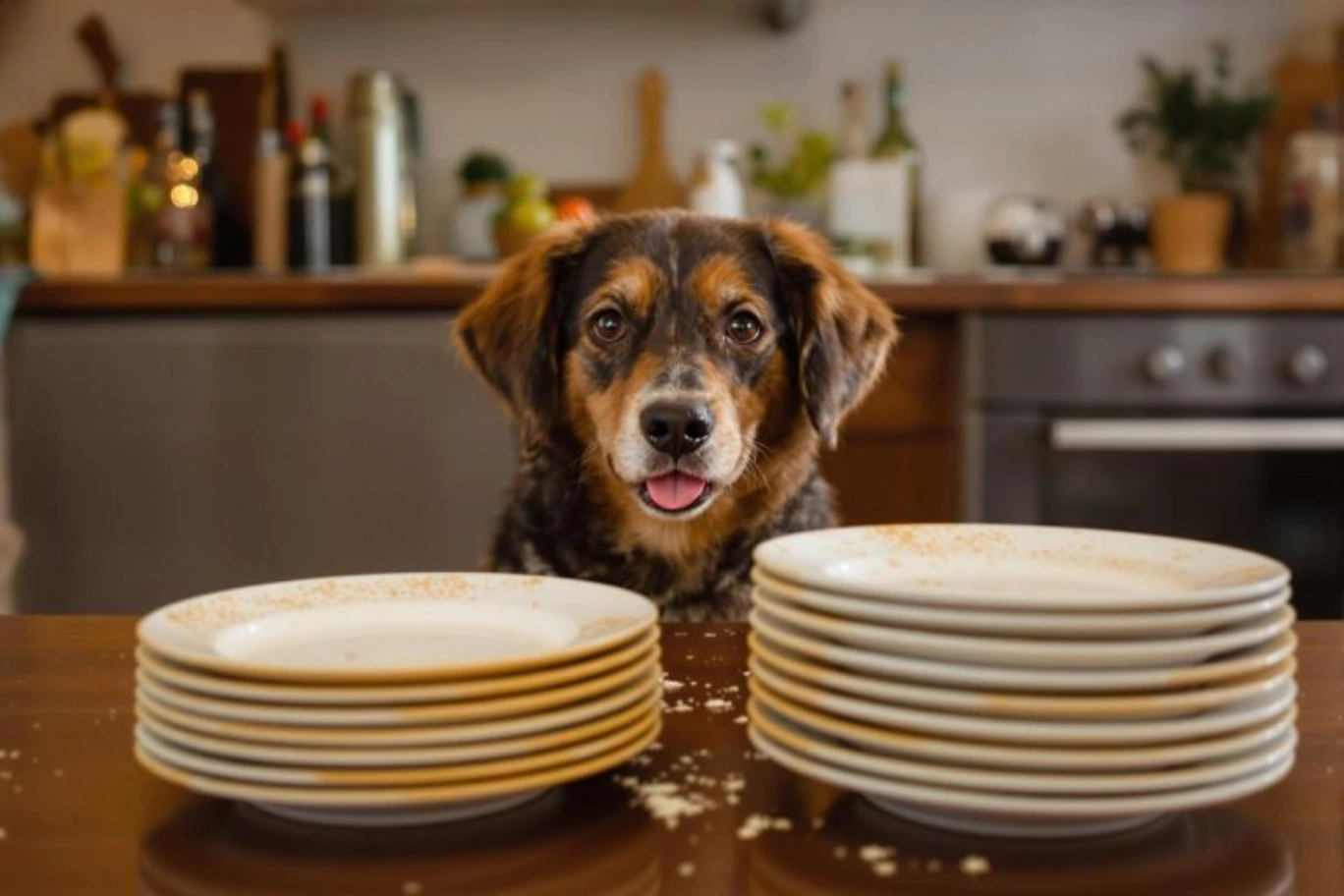Dog licking a plate with leftover food, highlighting potential health risks.