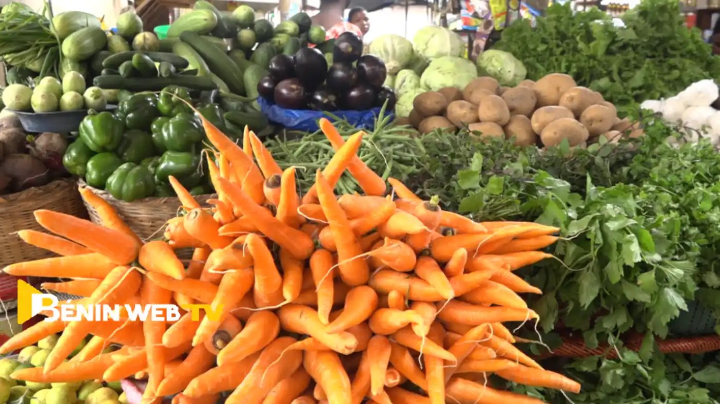 Colorful display of fresh vegetables at the Vèdoko market in Benin.