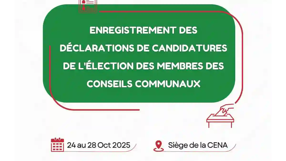 Bénin 2026 municipal elections promotional graphic with candidate registration details.
