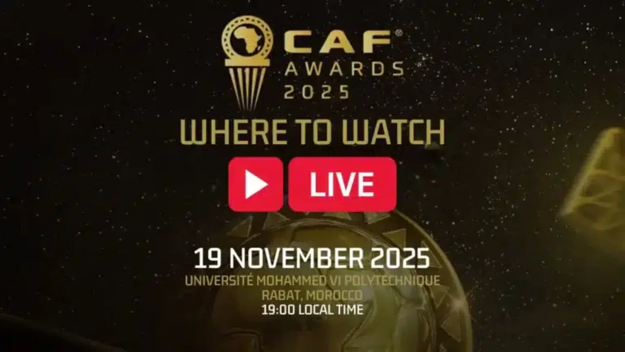 CAF Awards 2025 logo with event details, showcasing the celebration of African football achievements.