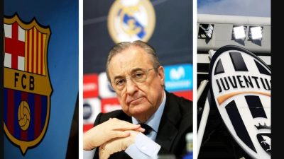 Barcelone, le Real Madrid et la Juventus ont admis qu'ils pourraient devoir modifier leurs plans, mais qu'ils se sont engagés Ã  poursuivre une Super Ligue européenne. Composite : EPA/AFP/Getty Images