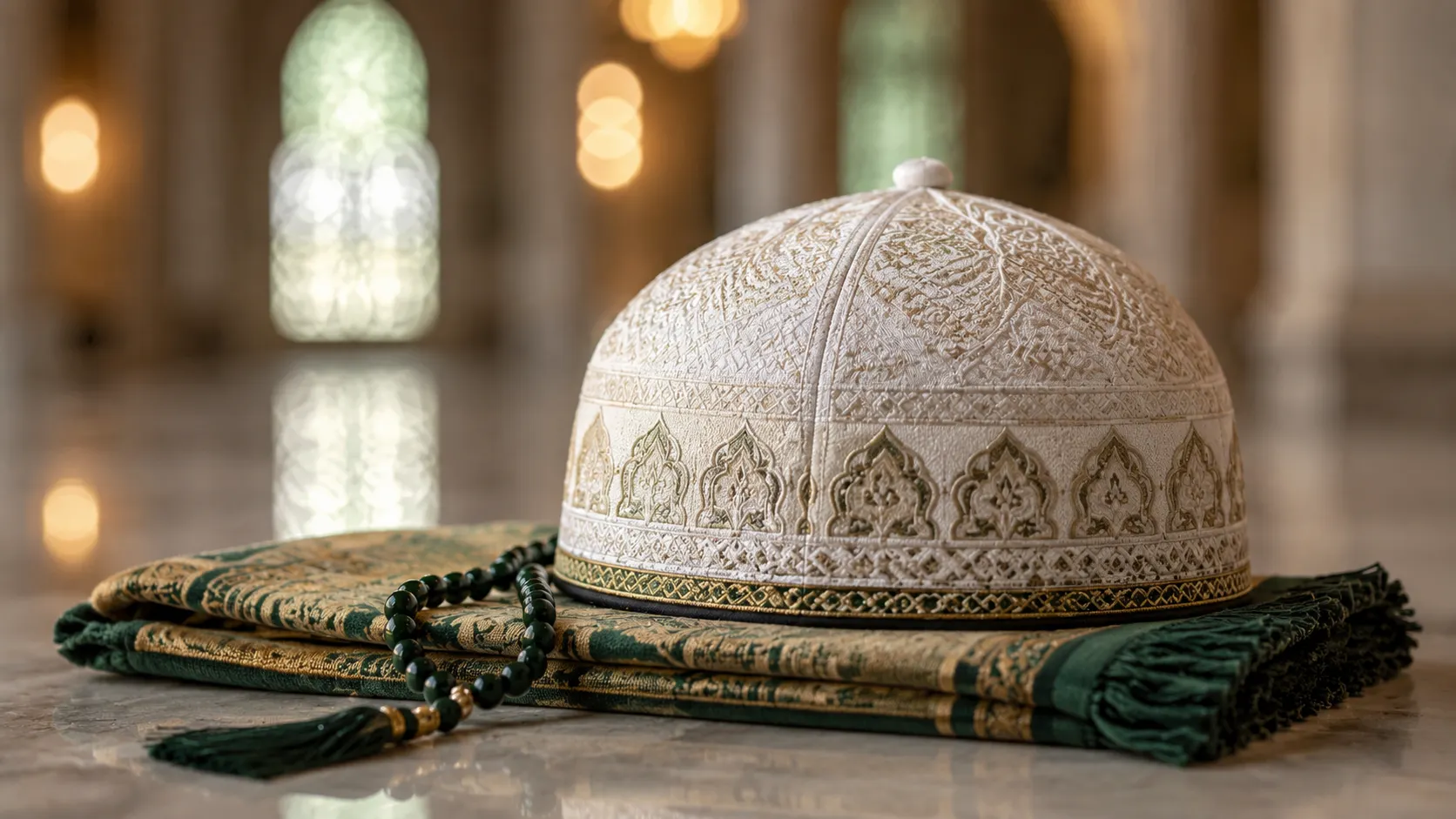 Tapis de prière plié, chapelet et calotte brodée dans une mosquée