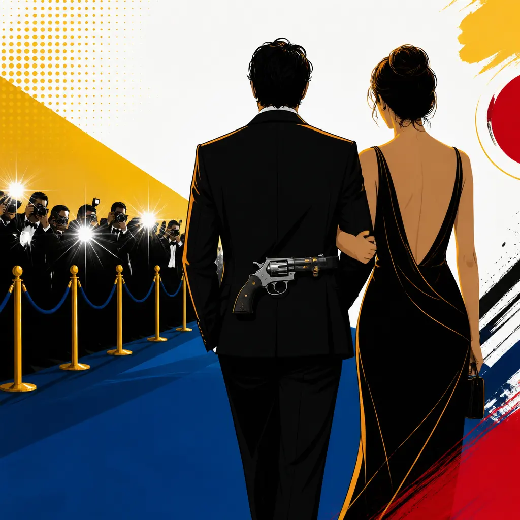 Illustration editoriale pour Marc Lavoine et Adriana Karembeu : un revolver fixé au dos sur le tapis rouge