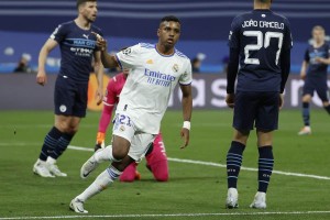 Rodrygo qui célèbre son premier but contre Manchester City lors de la demi-finale retour de la Ligue de Champions, le mercredi 4 mai 2022