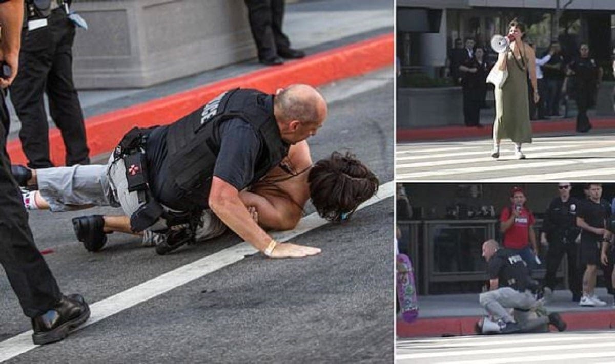 Une manifestante maitrisée par les services secrets américains