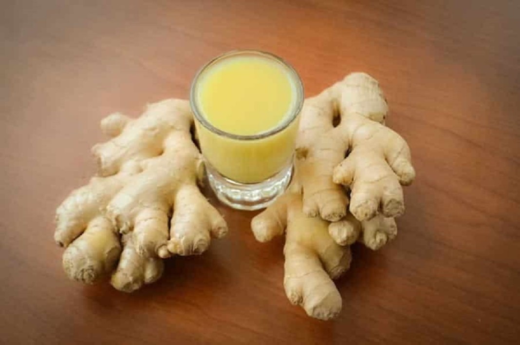 un verre remplit de jus avec des gingembres