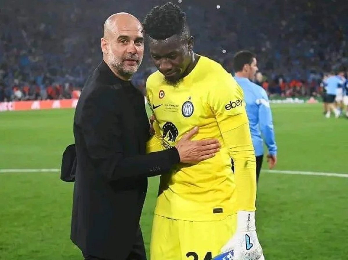 Le gardien de but camerounais de l'Inter Milan, André Onana, et l'entraineur de Manchester City, Pep Guardiola, en finale de la Ligue des champions 2023