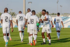 Des joueurs de la Guinée célèbrent leur but