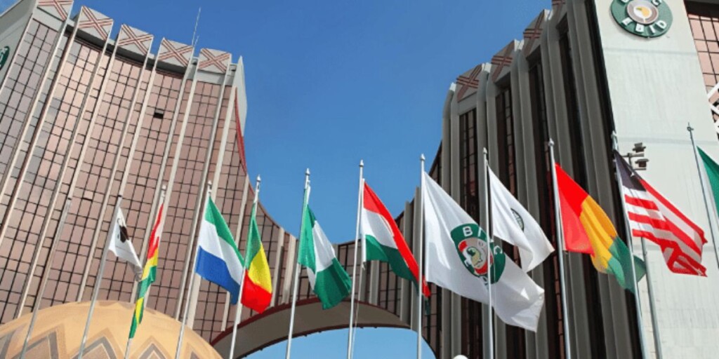 Logo de la CEDEAO sur fond coloré, représentant l'organisation régionale d'Afrique de l'Ouest.