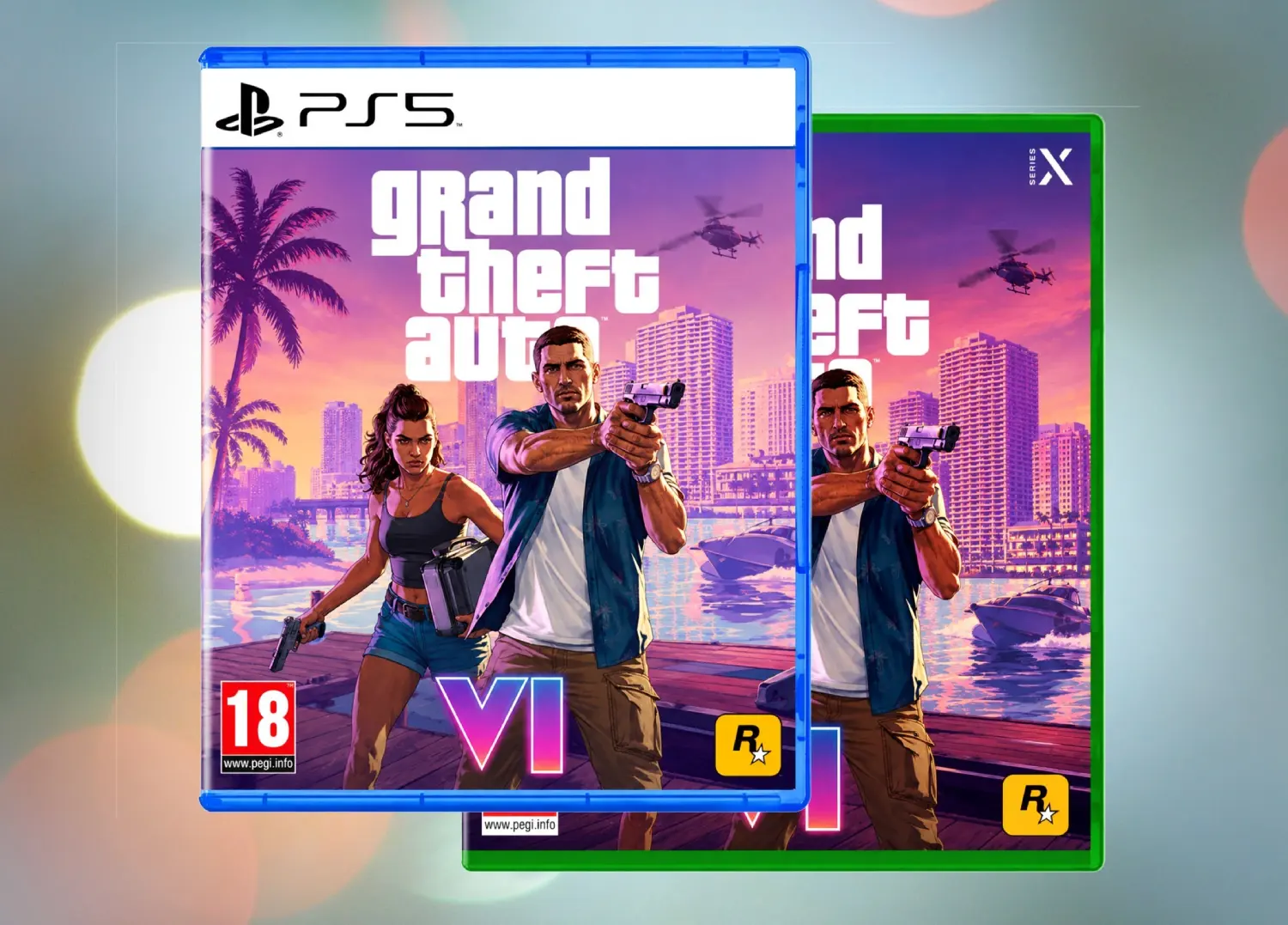 Jaquette de Grand Theft Auto VI sur PS5 et Xbox Series X, avec deux personnages armés devant une ville au coucher du soleil