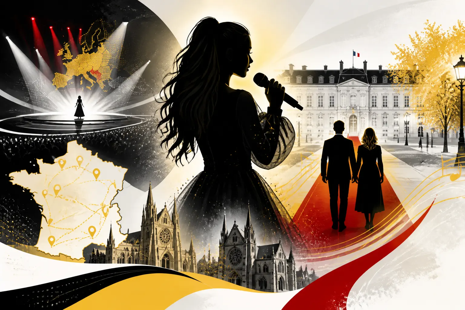 Illustration editoriale pour Monroe invitée par Emmanuel et Brigitte Macron pour la Fête de la Musique au Palais de l’Élysée
