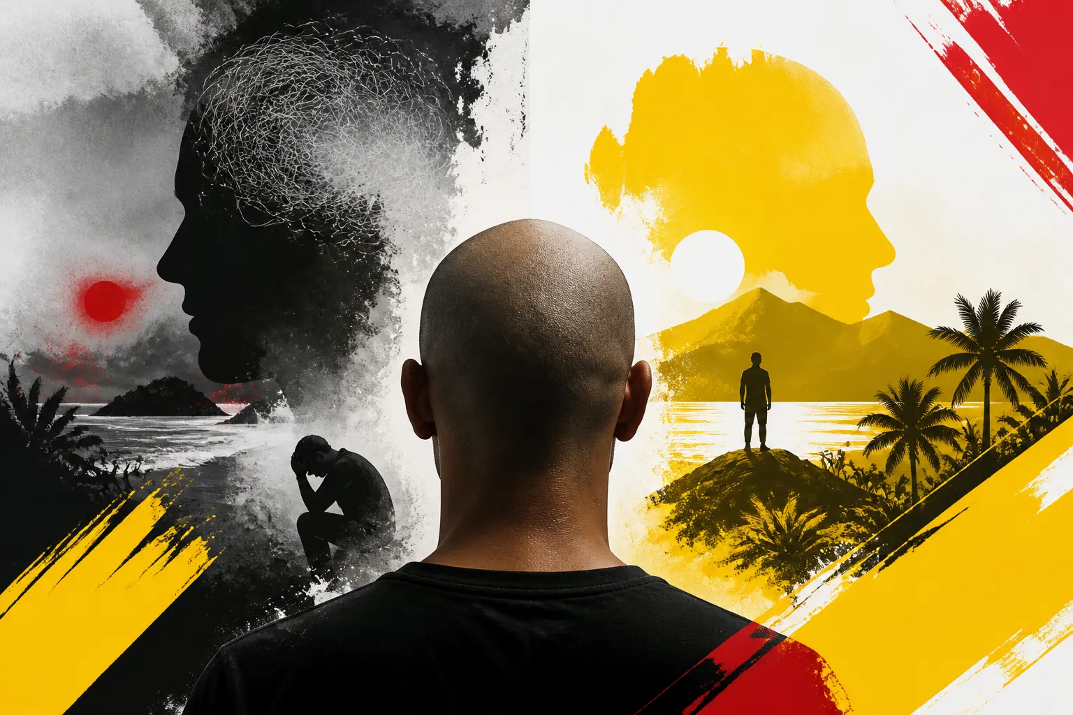 Illustration editoriale pour Adrien de Koh-Lanta réapparaît le crâne rasé pour révéler sa maladie