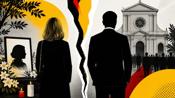 Illustration editoriale pour Michèle Laroque et François Baroin réunis aux obsèques de Bernadette Chirac trois ans après leur rupture
