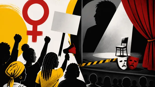 Illustration editoriale pour Édouard Baer : des militantes de Nous Toutes manifestent devant la représentation pour dénoncer
