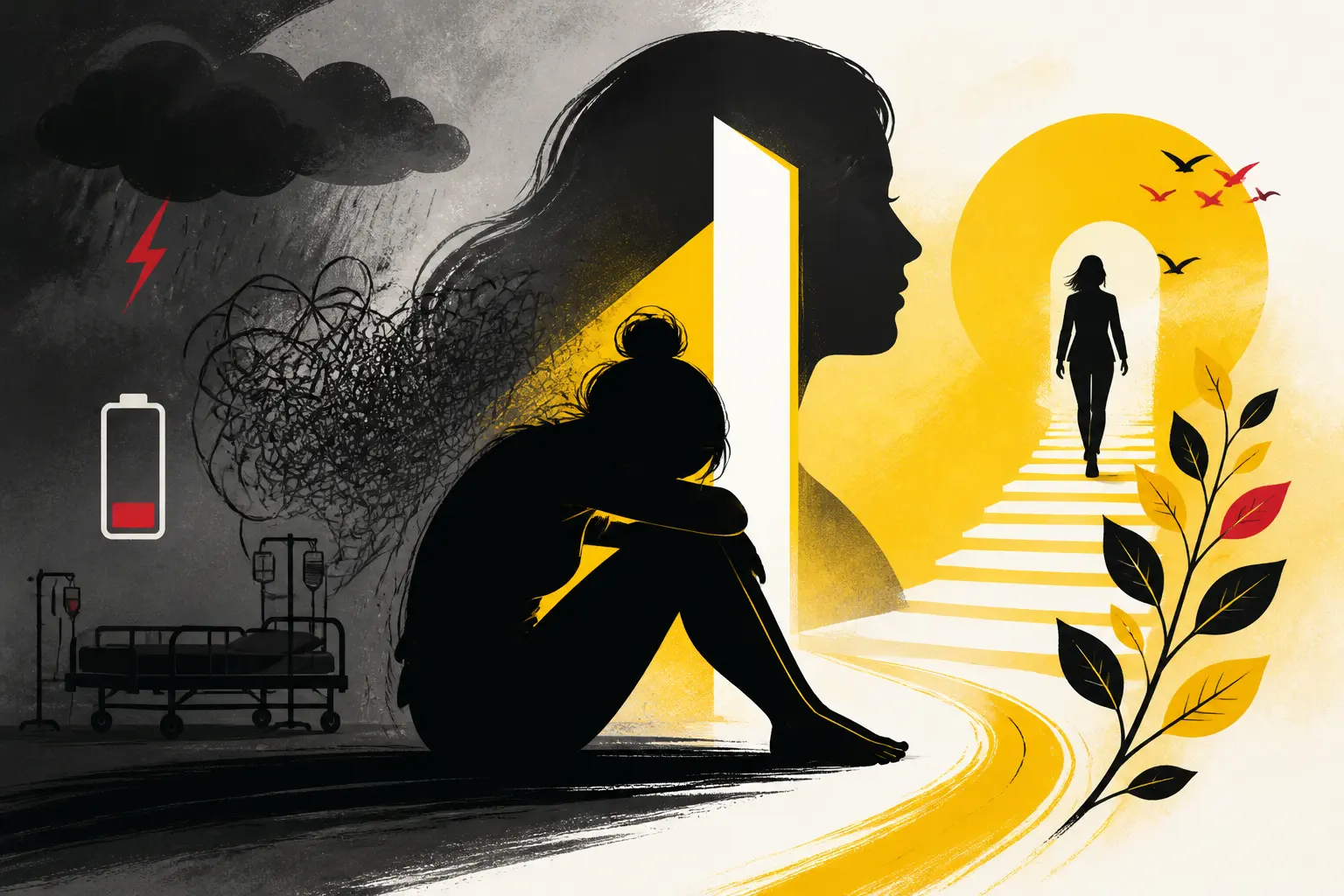Illustration editoriale pour Adeline Blondieau dans un état proche du légume après un burn-out