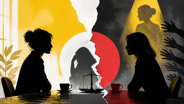 Illustration editoriale pour Adeline Blondieau : ce face-à-face qu’elle avait eu avec Amanda Sthers, ex-femme de Patrick Bruel, à propos d’une agression sexuelle
