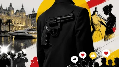Illustration editoriale pour Marc Lavoine à Monaco avec une veste ornée d&rsquo;un revolver en 3D