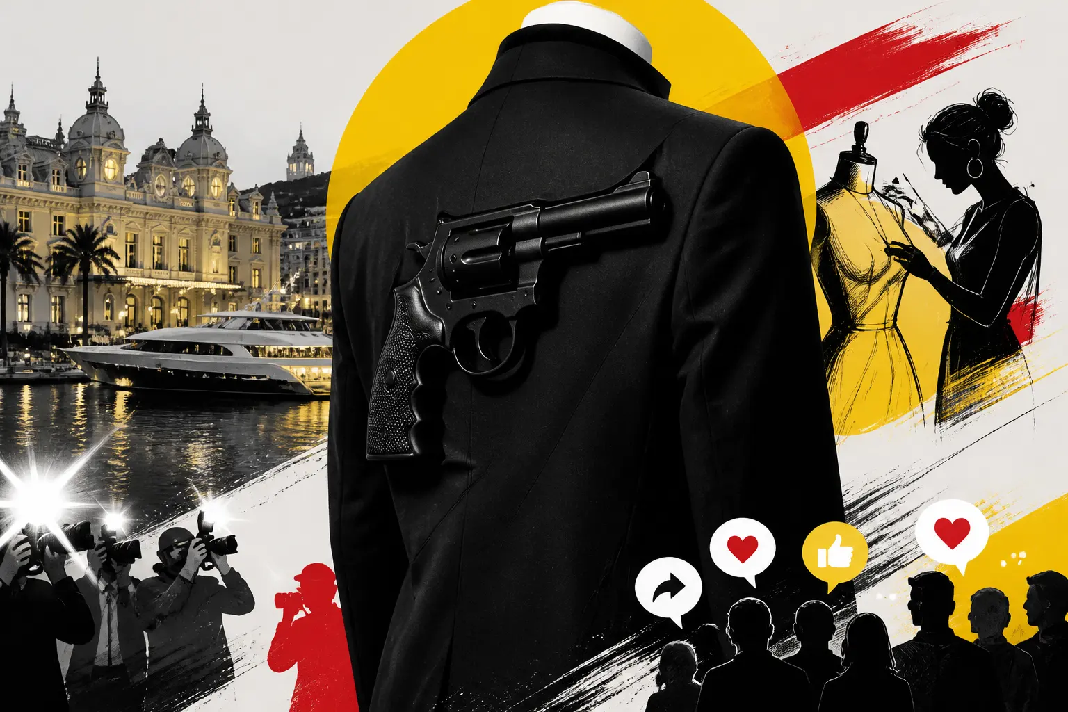 Illustration editoriale pour Marc Lavoine à Monaco avec une veste ornée d’un revolver en 3D
