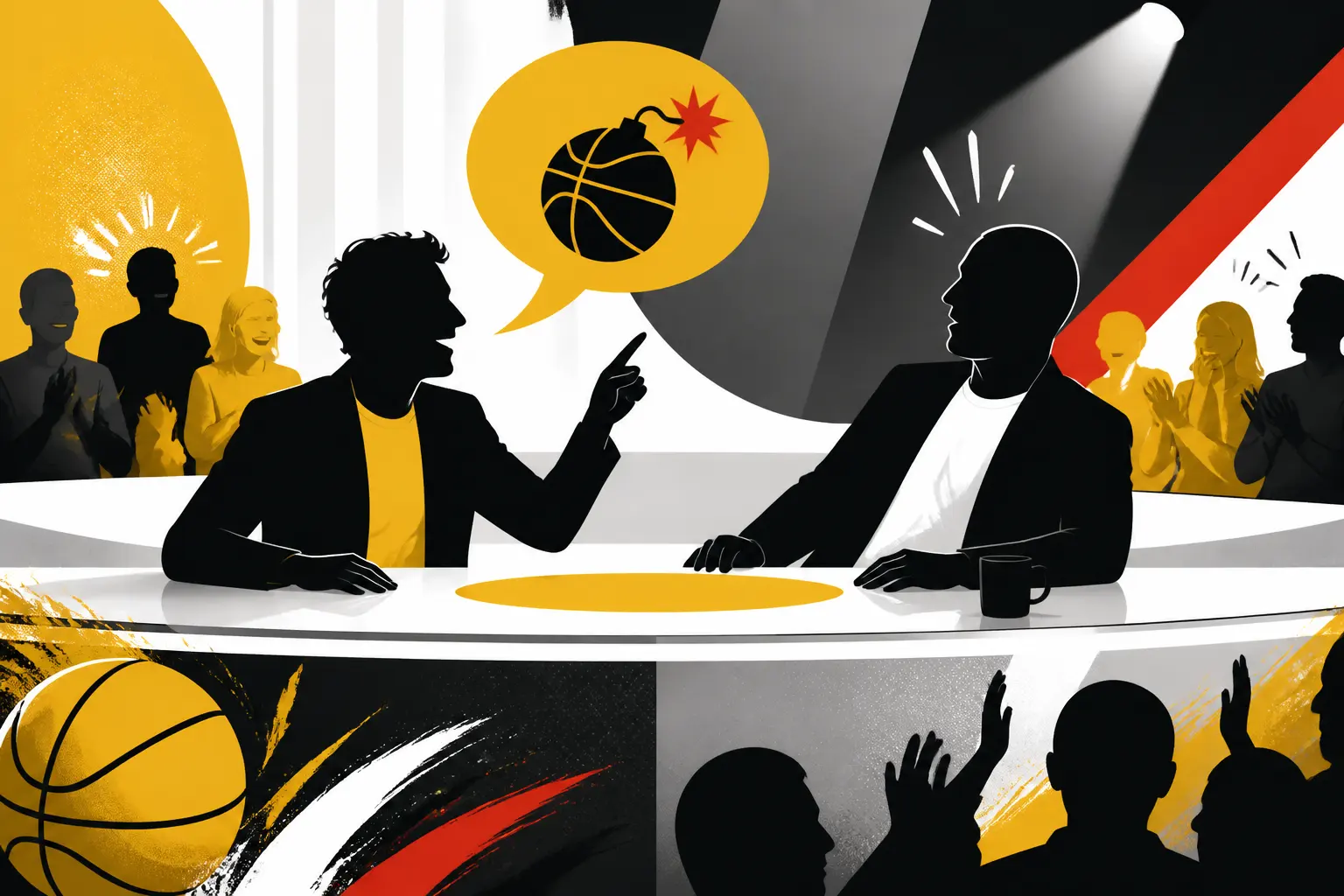 Illustration editoriale pour Louis Cattelat surprend Tony Parker avec une blague audacieuse sur le plateau de Quotidien