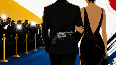 Illustration editoriale pour Marc Lavoine et Adriana Karembeu : un revolver fixé au dos sur le tapis rouge