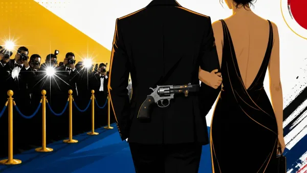 Illustration editoriale pour Marc Lavoine et Adriana Karembeu : un revolver fixé au dos sur le tapis rouge