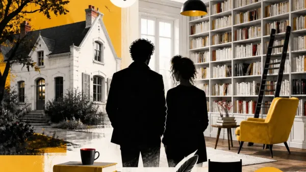 Illustration editoriale pour Samuel Benchetrit installe une bibliothèque dans sa maison avec Vanessa Paradis