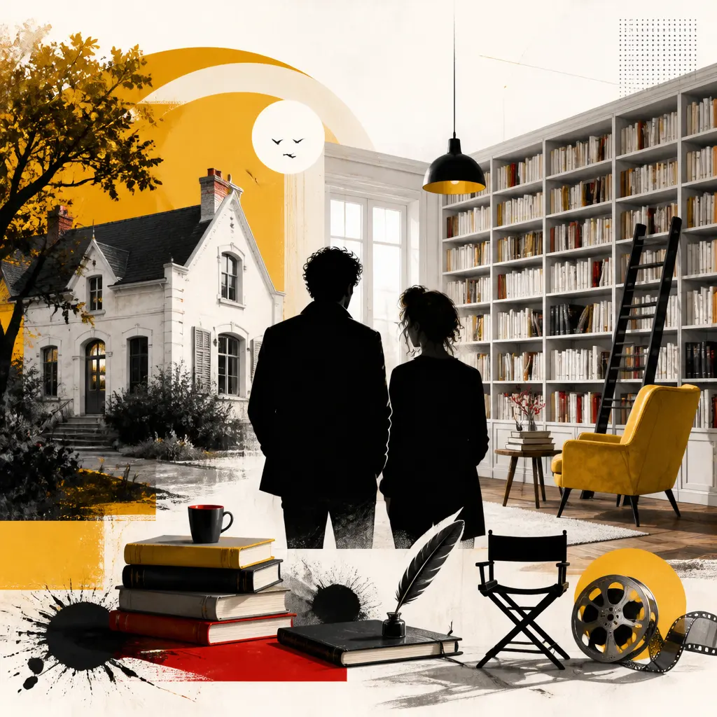 Illustration editoriale pour Samuel Benchetrit installe une bibliothèque dans sa maison avec Vanessa Paradis