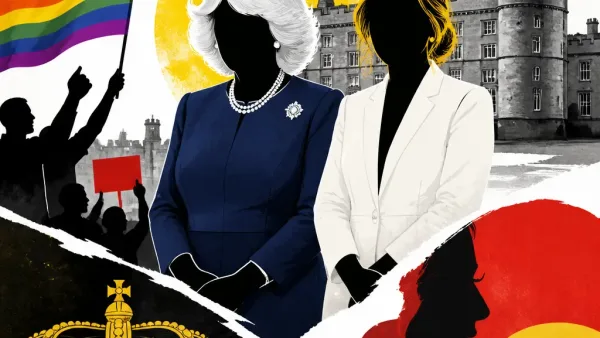 Illustration editoriale pour La reine Camilla fait scandale après une photo avec J.K. Rowling pendant le Mois des fiertés
