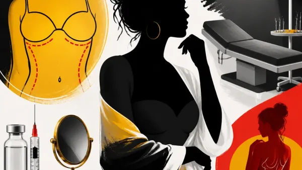 Illustration editoriale pour Myriam Abel prête à passer sur le billard pour retoucher sa poitrine après une importante perte de poids