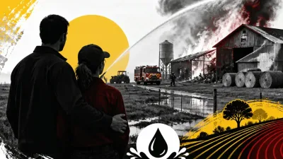 Illustration editoriale pour Lola et Florian de L’amour est dans le pré victimes d’un incendie sur leur exploitation avec des tonnes d’eau utilisées pour maîtriser le feu