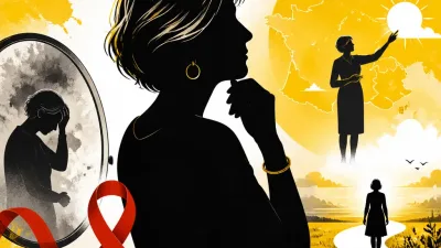Illustration editoriale pour Evelyne Dhéliat évoque la difficulté de la perte de cheveux liée à sa maladie