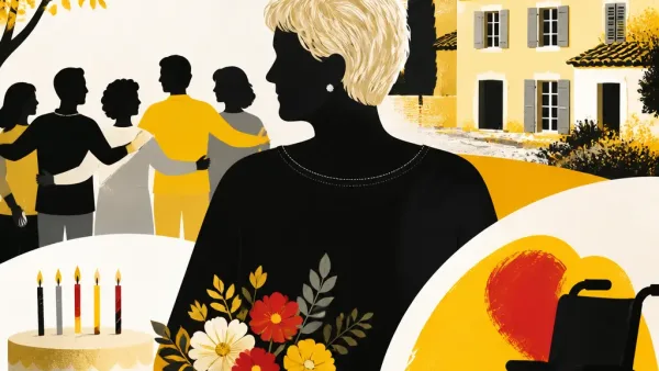 Illustration editoriale pour Mimie Mathy : malgré ses difficultés à marcher, elle fête son anniversaire entourée dans sa maison du Vaucluse