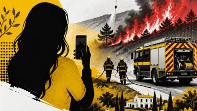 Illustration editoriale pour Karine Le Marchand face à un feu de forêt près de son domaine, les pompiers interviennent rapidement