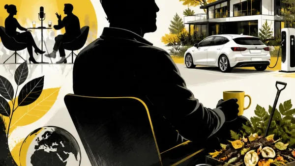 Illustration editoriale pour Laurent Baffie assume son mode de vie « bobo écolo » entre compost et voiture électrique