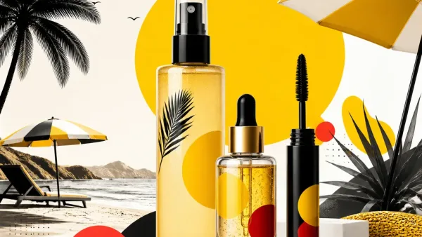 Illustration editoriale pour Indispensables beauté été 2026 : brume parfumée, mascara et sérum hydratant