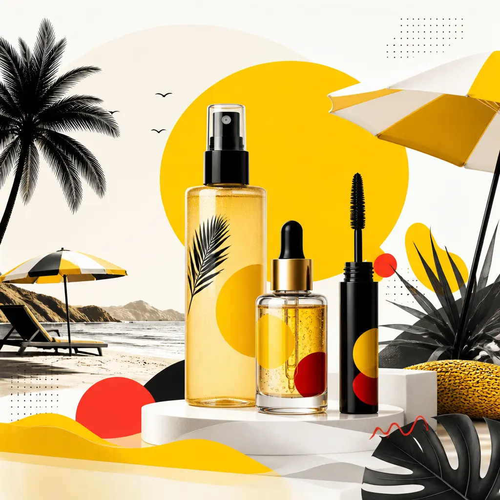Illustration editoriale pour Indispensables beauté été 2026 : brume parfumée, mascara et sérum hydratant