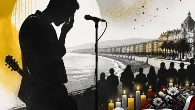 Illustration editoriale pour Calogero en pleurs lors de son hommage aux victimes de l&rsquo;attentat de Nice