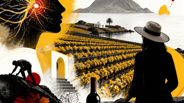 Illustration editoriale pour Carole Bouquet passe plusieurs mois par an sur une île italienne où elle produit du vin