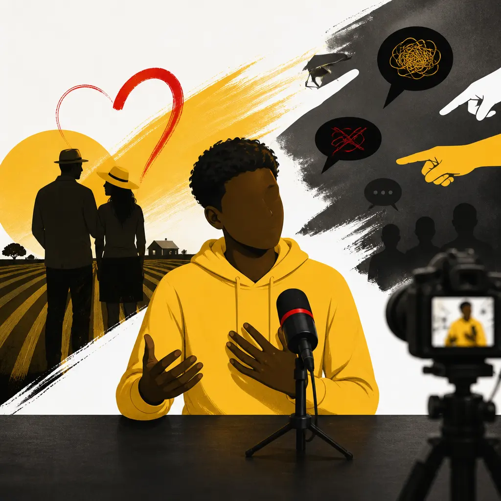 Illustration editoriale pour Gabriel, fils de Pierre et Frédérique de L’amour est dans le pré, répond aux critiques face caméra