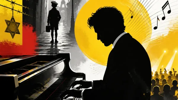 Illustration editoriale pour Sacha Distel : enfant caché pendant la guerre, le piano et la chanson l’ont sauvé