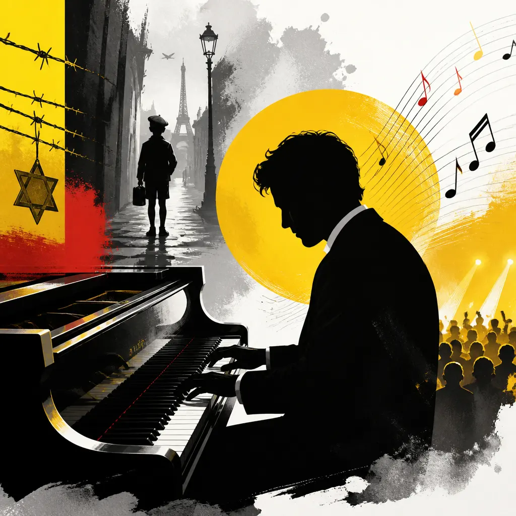 Illustration editoriale pour Sacha Distel : enfant caché pendant la guerre, le piano et la chanson l’ont sauvé