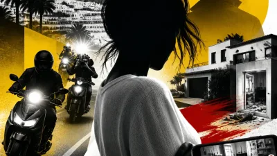 Illustration editoriale pour Séverine Ferrer poursuivie par un scooter pendant sa relation avec Faudel