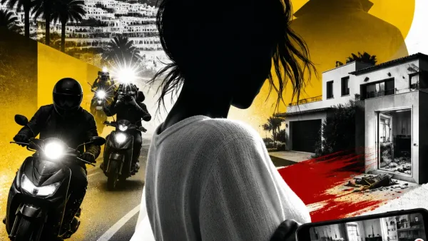 Illustration editoriale pour Séverine Ferrer poursuivie par un scooter pendant sa relation avec Faudel