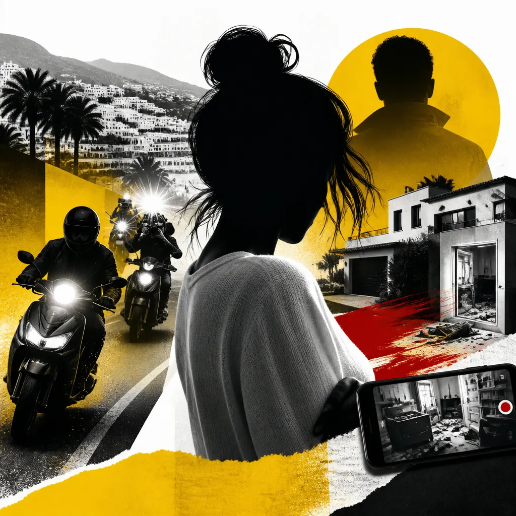 Illustration editoriale pour Séverine Ferrer poursuivie par un scooter pendant sa relation avec Faudel