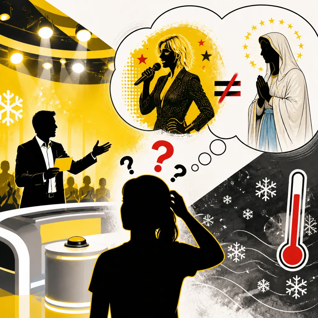 Illustration editoriale pour Ophélie Winter : une candidate des 12 coups de midi confond la chanteuse avec la Vierge Marie