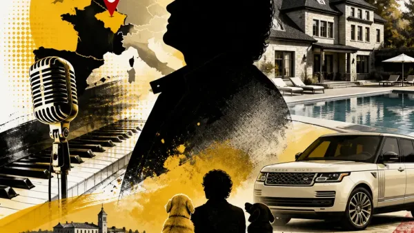 Illustration editoriale pour Claude Barzotti : maison en Belgique avec 5 chambres, piscine et Range Rover