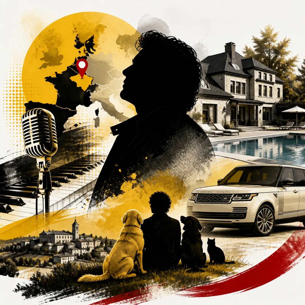 Illustration editoriale pour Claude Barzotti : maison en Belgique avec 5 chambres, piscine et Range Rover