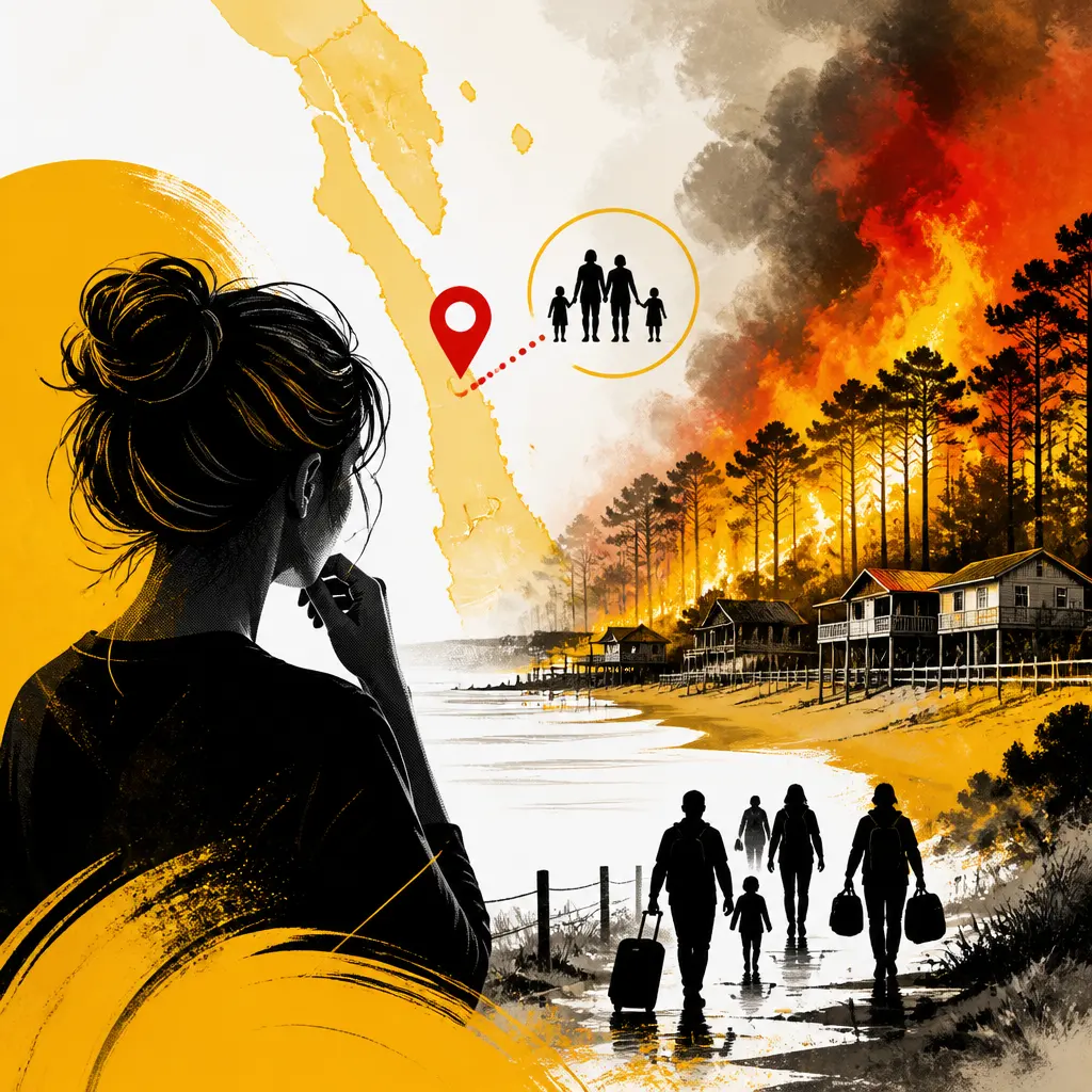 Illustration editoriale pour Ingrid Chauvin inquiète pour sa famille coincée par les incendies au Cap Ferret
