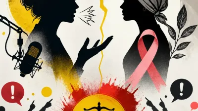 Illustration editoriale pour Sylvie Tellier qualifiée de « complètement tarée » par Virgilia Hess en rémission d’un cancer du sein