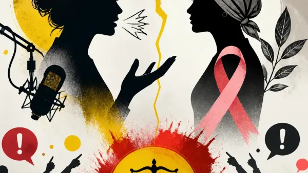 Illustration editoriale pour Sylvie Tellier qualifiée de « complètement tarée » par Virgilia Hess en rémission d’un cancer du sein